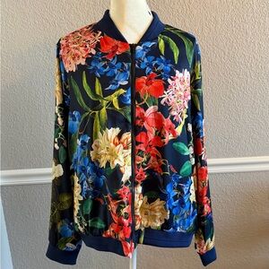 Gibson Latimer XL Navy Satin Bomber Jacket Bold Multicolor Floral Statement